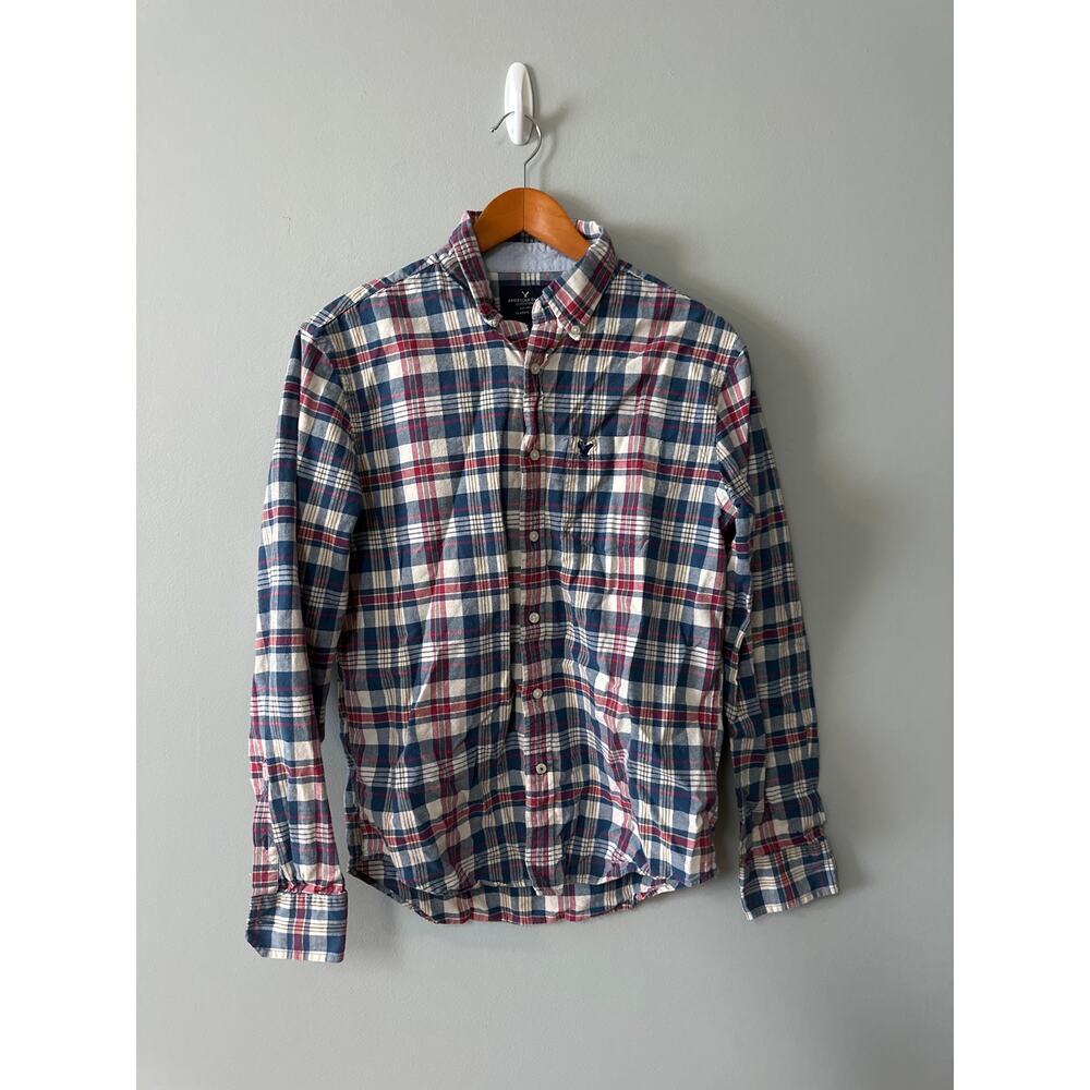 American Eagle Plaid Button Down Shirt Mens Medium Classic Fit Red Blue Cotton